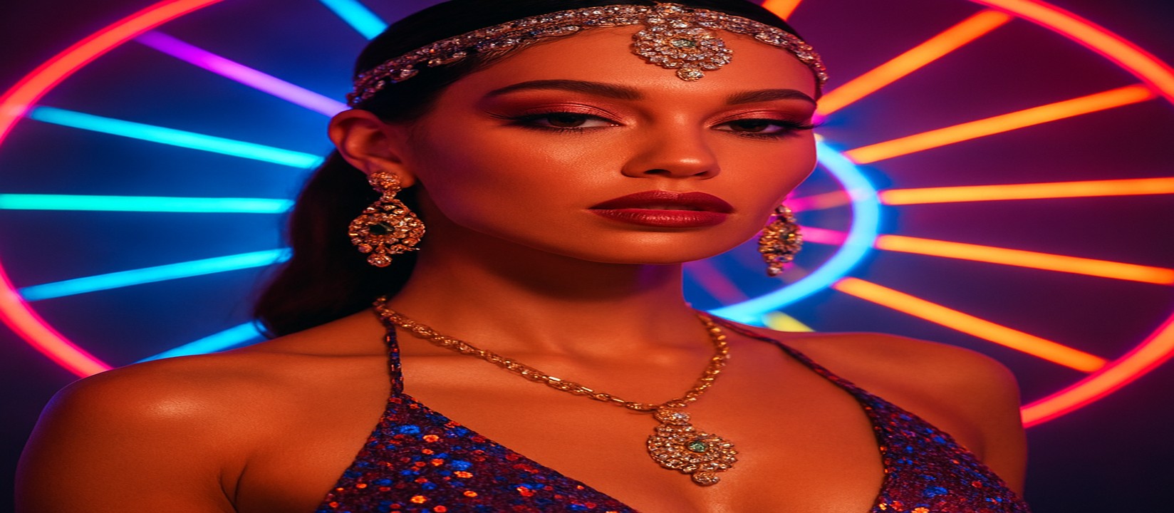 রঙিন গেমিং প্ল্যাটফর্মটির সামনে 333ok এর উজ্জ্বল পোশাকে একজন নারী