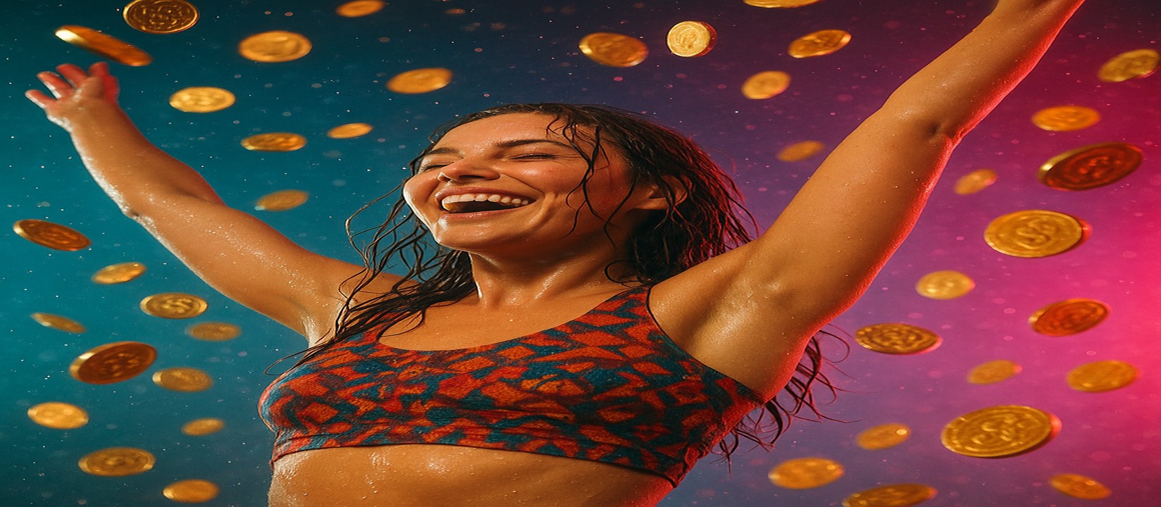 মুদ্রার ঝরনার মাঝে রঙিন পোশাকে একজন নারী